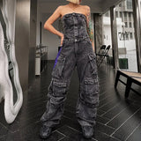 YESMYTOOL  -  Multi Pocket Wash Denim Overalls Jumpsuit 2024 Autumn New Sleeveless Tube Top High Waist Wid-leg Pants Party Club Streetwear