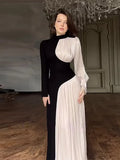 YESMYTOOL  -  Fashion Patchwork Pleated Long Sleeve Dress Women Fashion Half High Collar Evening Dresses 2024 Autumn New Lady Party Long Robes