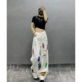 YESMYTOOL  - White Jeans Women High Waist Graffiti Streetwear American Wide Leg Pants Y2K Style Fashion Female Pants Autumn Straight Trousers