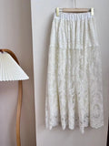 YESMYTOOL  -  Lace Jacquard White Long Skirt Women 2024 New Casual Simple Elastic Waist A-line Faldas Bottom Korean Fashion Chic Midi Skirts