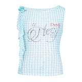 YESMYTOOL  -  Blue Plaid Tank Tops Female Sleeveless Tshirts Women Mesh Tops Summer 2024 Y2k See Through Tanks 2000s Japanese