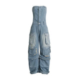 YESMYTOOL  -  Multi Pocket Wash Denim Overalls Jumpsuit 2024 Autumn New Sleeveless Tube Top High Waist Wid-leg Pants Party Club Streetwear