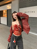 YESMYTOOL  -  Vintage Red Women Faux Leather Jackets Zipper Chic Long Sleeve Casual Cropped Coat New High Street Fashion Outerwear