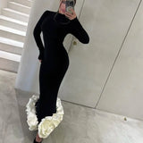 YESMYTOOL  -  Autumn Winter Maxi Dress for Women Fashion Flower Slim Evening Party Dresses Black Elegant Long Sleeve Christmas Outfits 2024