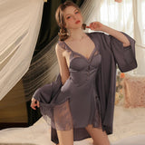 YESMYTOOL  -  Summer New Satin Lace Sleepwear Sexy Pajamas Deep V Chest Pad Suspender Nightdress Women's Lingerie Nightgown With Robe Set