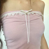 YESMYTOOL  -  Sweet Cute Pink Lace Trim Summer Tube Top Women Korean Coquette Clothes Bow Folds Mini Crop Tops Strapless Y2K Kawaii