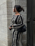 YESMYTOOL  -  Women Chic Striped Printed Knitted O-neck Dresses Elegant Contrasting Color Long Sleeve Bodycon Dress 2024 Lady Party Streetwear