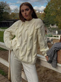 YESMYTOOL  -  Elegant White Oversized Twist Knitting Pullover Women Fashion O-neck Long Sleeve Sweater Autumn New Lady Casual Loose Jumpers