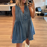 YESMYTOOL  -  2024 Women's V-neck Lace Up Pocket Jumpsuit Casual Hollow Sleeveless Shorts Romper Sexy Sleeveless Pleated Summer Denim Playsuit