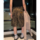 YESMYTOOL  -  Women's Shorts Jeans Leopard Print High Waist Straight Pants Streetwear Cargo Y2K Vintage Female Wide Leg Denim Shorts Pants