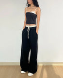 YESMYTOOL  -  Women Trimmed Twill  Contrast  Spongy Faux-Layered Wide-Leg Trousers Pants