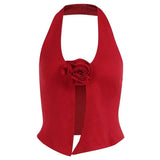 YESMYTOOL  -   Summer New European and American Style Spicy Girl Sexy Tank Slim Fit 3D Flower Hanging Neck Knitted Tank Top