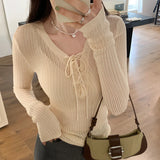 YESMYTOOL  -  Women Black Beige Blue Elegant Casual Hollow Out V-neck Long Sleeved Slim Lace-up Pullover Knit Top Spring Summer Simplicity New