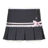 YESMYTOOL  -  y2k Stripe Howsweet Mini Skirt Women Vintage Aesthetic Lace Trim Bow Pleated Skirt 2000s Coquette Clothes Kawaii Chic