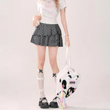 YESMYTOOL  -   Kawaii Pleated Bow Mini Skirt Grey Sexy Sweet Dot Irregular Short Skirts Coquette Patchwork Casual Preppy Style Skirt