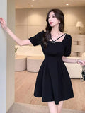 YESMYTOOL  -  2024 Summer Women Black Elegant Backless Pleated Mini Dress Short Sleeve Square-neck Basic Slim Party A-line Dress Vestidos Chic