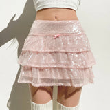 YESMYTOOL  -  Sweet Pink Sequined Party Skirt Women Korean Fashion Bow Bling Sexy Mini Skirts Three-Layer Coquette Clothes Clubwear