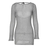 YESMYTOOL  - Fashion striped printed miniskirt sexy hollow halter long-sleeved slim-fit temperament dress woman Knit skirt