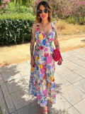 YESMYTOOL  -  Elegant Printed Strap Dress Women Chic Sleeveless Backless Patchwork Female Maxi Dresses 2024 Summer Lady Beach A-line Vestidos