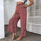 YESMYTOOL  -   Elegant Floral Print Pant for Summer Women's Pants 2024 New Elastic High Waist Red Cotton High Waist Split Wide Leg Pant