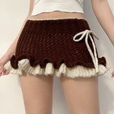 YESMYTOOL  -  y2k Aesthetic Brown Knitted Mini Skirt Bodycon Ruffles Tie Up Cute Women's Skirt Ruched Hottie Vintage Cloth Bottoms