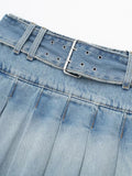 YESMYTOOL  -  Denim Pleated Skirt For Women Belt Mid Waist Burrs Design Casual Fashion Blue A-line Mini Skirts Summer 2024 New Trendy XX321