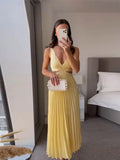 YESMYTOOL  -  Sexy Hollow Out Women Pleated Solid Midi Dress Elegant V-neck Backess Sleeveless Slim Dresses Summer Lady Party Club Robes 2024