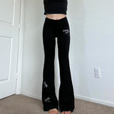 YESMYTOOL  -  Casual Embroidery Slim Autumn Sweatpants Y2K Gothic Aesthetic Basic Flared Trousers Women Korean Full Length Capris