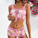 YESMYTOOL  - 2024 New bikini set Woven Daisy swimsuit halter top Shorts set hand-crocheted knitwear