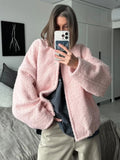 YESMYTOOL  -  Pink Short Fur Jacket Coat For Women Autumn Winter Casual Stand Collar Pocket Loose Fashion Long Sleeve Jacket Top Female