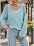 YESMYTOOL  -  Fashion Blue V Neck Long Sleeve Sweater For Women Elegant Soft Warm Knitted Pullover 2024 Chic Lady Commuting Streetwear