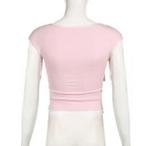 YESMYTOOL  -  Sweet Pink Slim Summer T shirts Female Korean Fashion Tie-Up Bow Girls Y2K Kawaii Basic Tee Cropped Top Cute Coquette