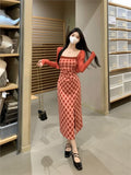 YESMYTOOL  -  Women Red Knitted Cardigan+Plaid Chic Sling Long Dress Two Piece Sets 2024 Spring Summer Korean Elegant Casual Two Piece Suits