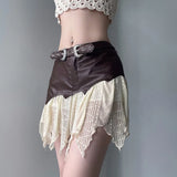 YESMYTOOL  -  In American Retro Short Skirt One Piece Lace Patchwork Leather Half Skirt Women's Low Waisted Personalized Belt Pleated Skirt