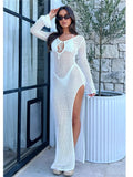 YESMYTOOL  -  Summer Beach Dress Women Sexy Backless Knitted Long Dresses Hollow Out See Through Long Sleeve Holiday Sundress