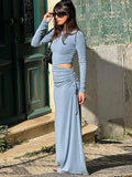 YESMYTOOL  -  Sexy Blue Hollow Out Maxi Dress Women Elegant Bodycon  Side Pleated Dresses Female Summer Autumn Ladies Fashion Streetwear