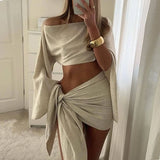 YESMYTOOL  -  Fashion Asymmetrical Slim Club Party Set Beach Vacation Off Shoulder Long Sleeved Women Outfit Sexy Hollow Navel Mini Skirt Suit