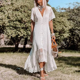 YESMYTOOL  - elegant white mesh embroidery dress women V-neck buttons up irregular long boho dress chic ladies party dress