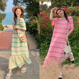 YESMYTOOL  -  Fashion O-Neck Striped Spliced Folds Mermaid Casual Dresses Female Clothing 2024 Summer New Loose Korean Puff Sleeve Midi Dress