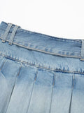 YESMYTOOL  -  Denim Pleated Skirt For Women Belt Mid Waist Burrs Design Casual Fashion Blue A-line Mini Skirts Summer 2024 New Trendy XX321