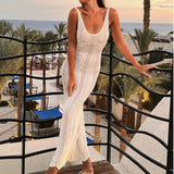 YESMYTOOL  -  Elegant Maxi Knitted Beach Dress Female Backless Sexy Wrap Hip Knit Cover Up Dresses Sleeveless Hollow Out Through Slim Dress