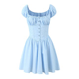 YESMYTOOL  -  New Women Vintage Puff Sleeve Square Neck Sky Blue Mini Dresses Sexy Low Waist Female Summer Robe Cotton