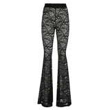 YESMYTOOL  -  Fashion Black Skinny Lace Trousers Full Length Solid Transparent Sexy Party Thin Flared Pants Vintage Elegant Bottoms