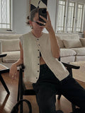 YESMYTOOL  - 2024 New Solid Knitted Tank Tops Women Summer Vintage O-neck Single Breasted Sleeveless Vest Elegant Fashion Cardigan Tops Lady