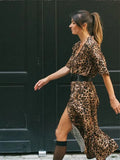 YESMYTOOL  -  Fashion Leopard Print Long Sleeve Dress For Women V-neck Side Split Casual Loose Dresses 2024 New Lady High Street Vestidos