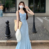 YESMYTOOL  -  Gentle Style Blue Floral Camisole Dress for Women in Summer 2024, New Slim Waisted and Ruffled Fishtail Long Skirt