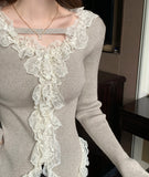 YESMYTOOL  -  Women Sweet Pink Lace Ruffles V-neck Slim Casual Cardigan Sweaters Gray Long Sleeve Knit Office Tops 2024Autumn Winter French