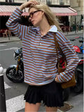 YESMYTOOL  -  Striped Vintage Long Sleeve T-shirt Women Autumn New Turndown Collar Button T-shirts 2024 Streetwear Fashion Pullover Tops Tees