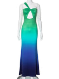 YESMYTOOL  -  Women Bandage Diagonal Collar Green Blue Gradient Long Dress High Street Elegant Summer Hollow Out Bodycon Beach Holiday Dresses