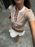 YESMYTOOL  -   Deep V Neck Lace Up Slim Crop Tops For Women Sexy Short Sleeve Patchwork Hot Girl Summer Club Party Y2K Short Top Fashion